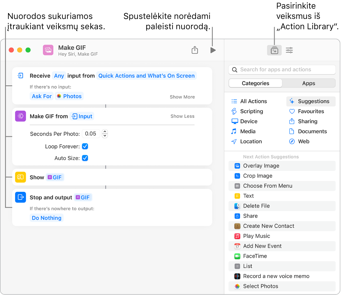 „Make GIF“ nuorodų rengykė kairėje ir veiksmų biblioteka dešinėje.