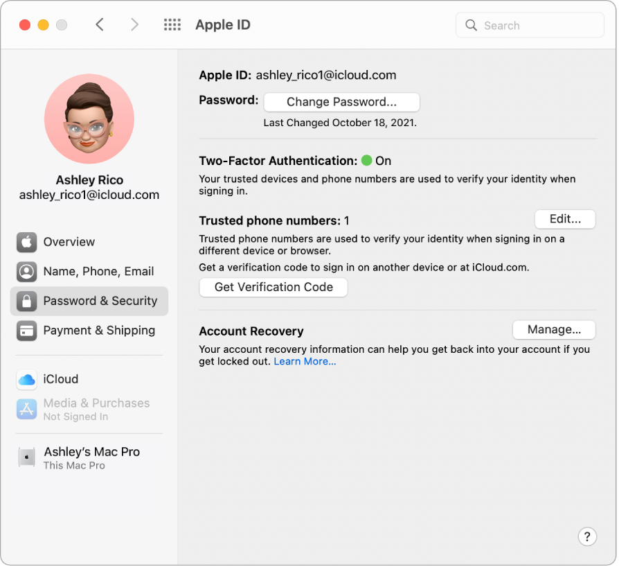 „Apple ID“ dalis „Password and Security“ skiltyje „System Preferences“. Spustelėkite „Manage“, kad nustatytumėte „Account Recovery“.
