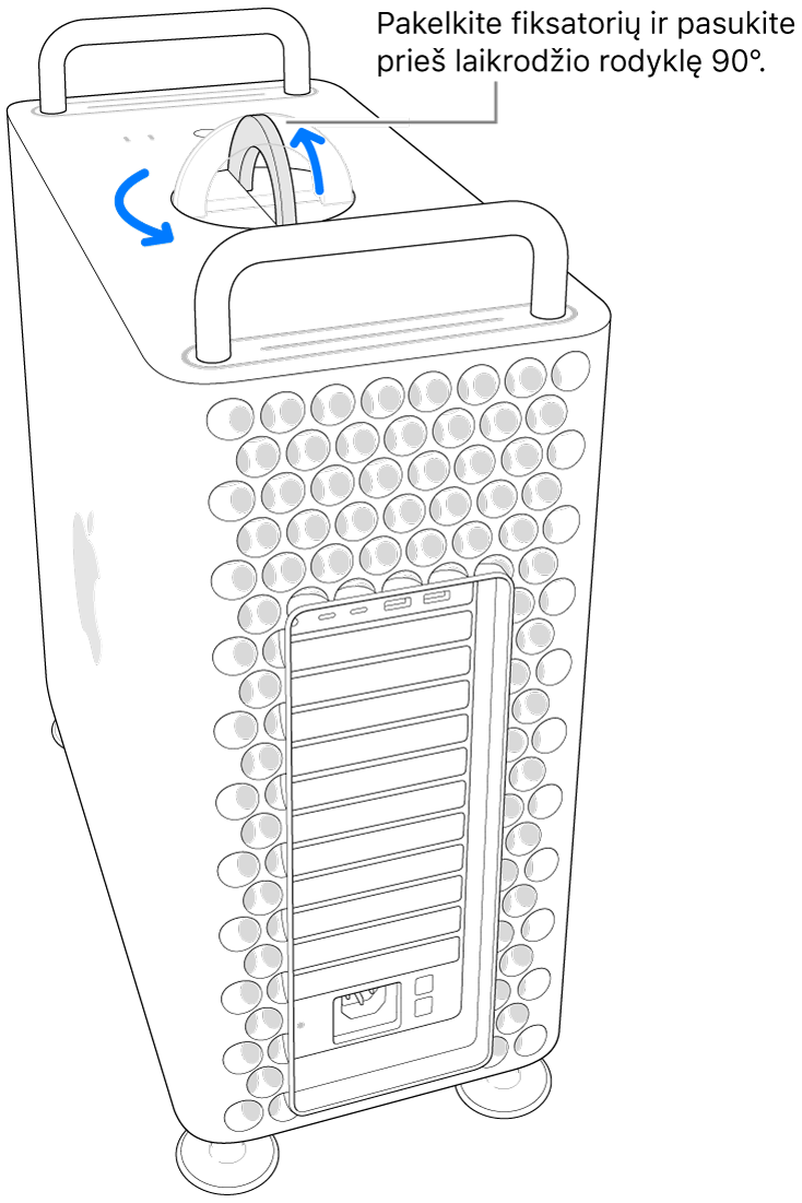 Rodomas pirmas veiksmas, kuriuo nuimamas kompiuterio korpusas, pakeliant skląstį ir pasukant jį 90 laipsnių.