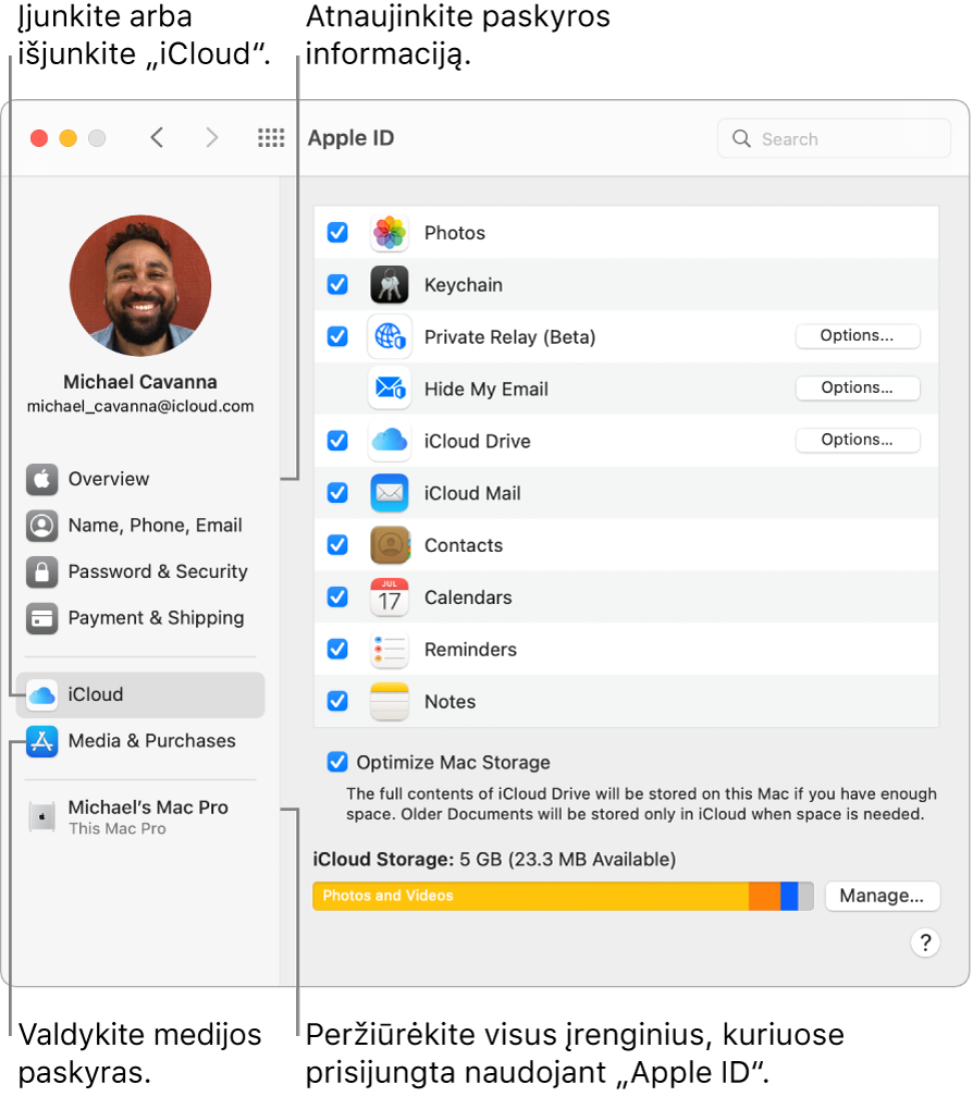 „Apple ID“ sritis skiltyje „System Preferences“. Spustelėkite elementą šoninėje juostoje, kad atnaujintumėte paskyros informaciją, įjungtumėte arba išjungtumėte „iCloud“, tvarkytumėte medijos paskyras ir peržiūrėtumėte visus įrenginius, kuriuose esate prisijungę naudodami „Apple ID“.