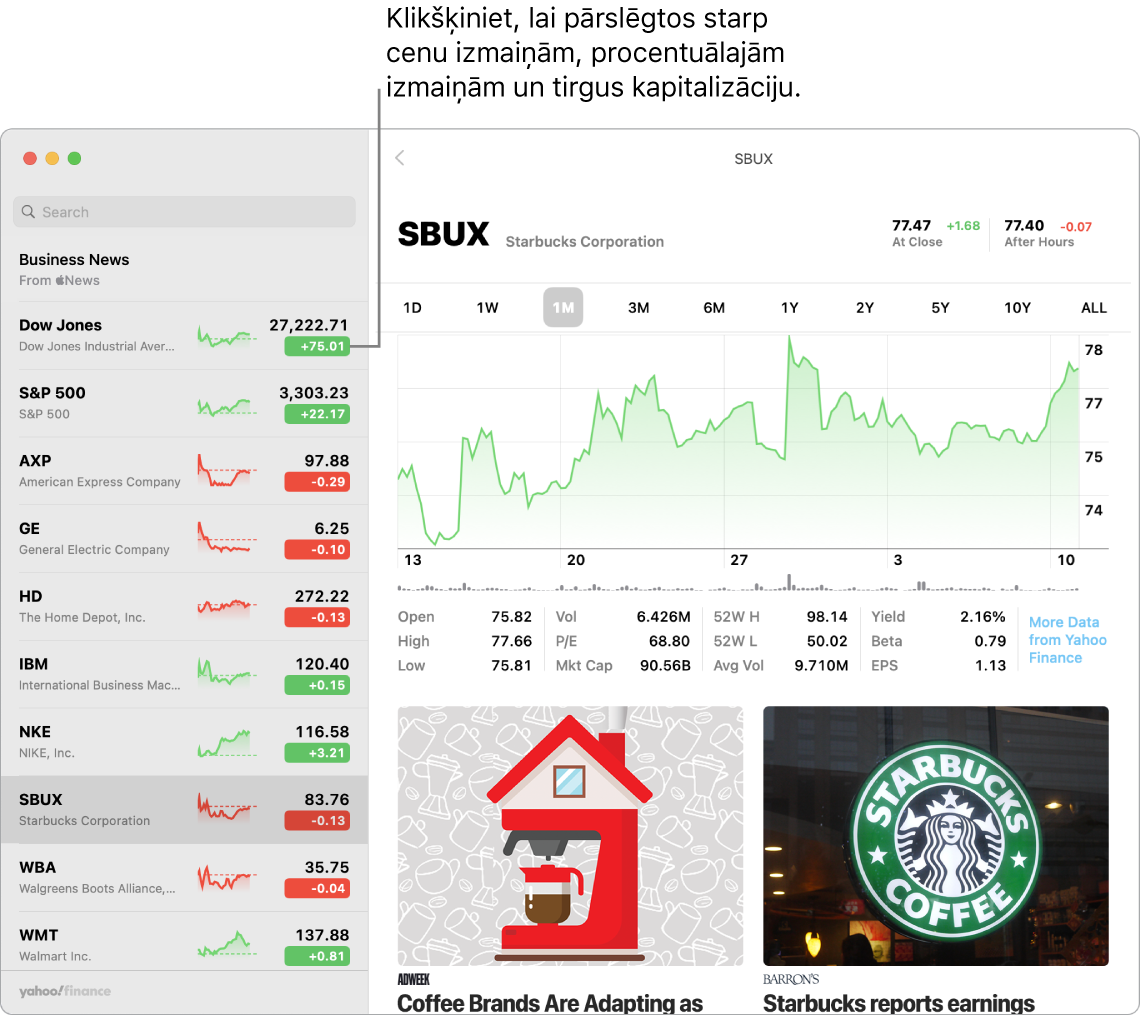 Lietotnes Stocks ekrānā redzama informācija un raksti par atlasīto akciju.