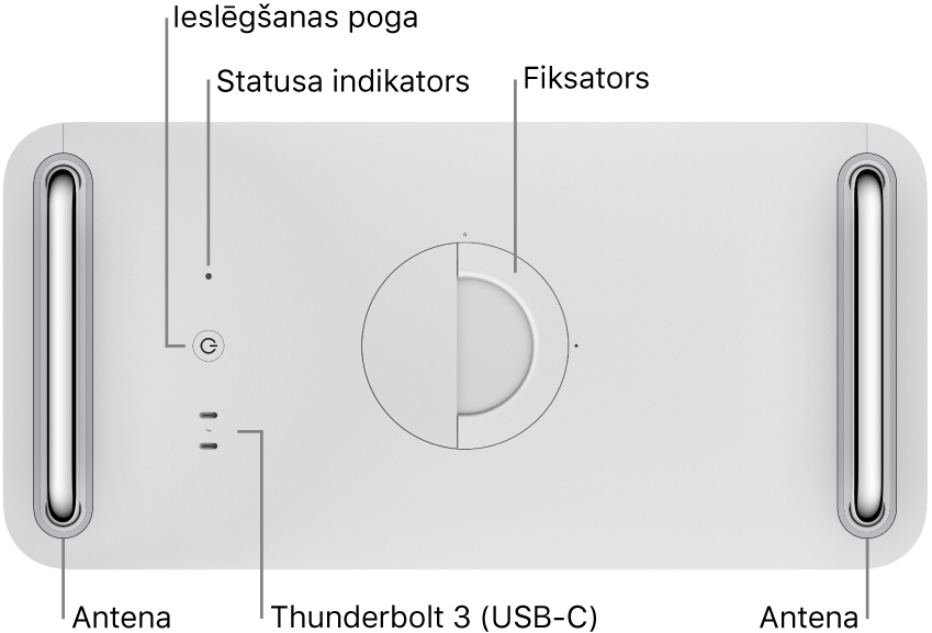 Skats uz Mac Pro datoru no augšas; redzama ieslēgšanas poga, sistēmas indikatora gaismiņa, fiksators, antena un divi Thunderbolt 3 (USB-C) porti.