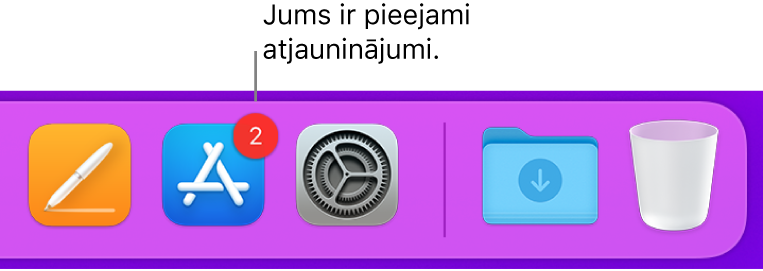 Joslas Dock sadaļa, kurā redzama lietotnes App Store ikona ar emblēmu, kas norāda uz pieejamiem atjauninājumiem.