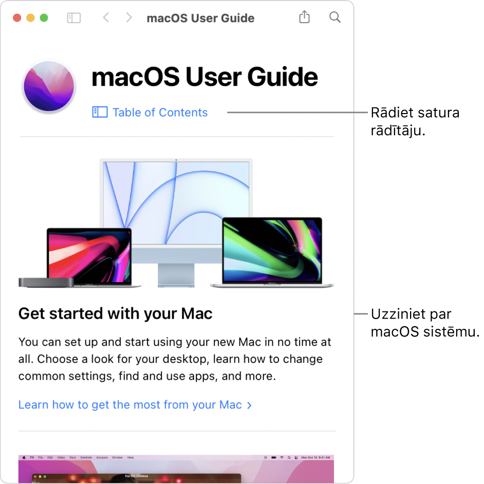 macOS lietošanas pamācības sākuma lapa ar saiti uz satura rādītāju.