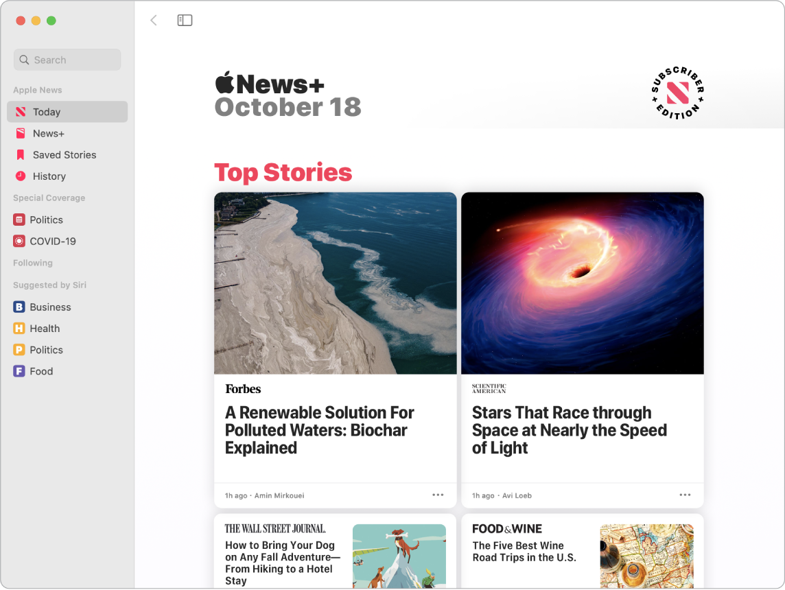 Een News-venster met de volglijst en 'Top Stories'.