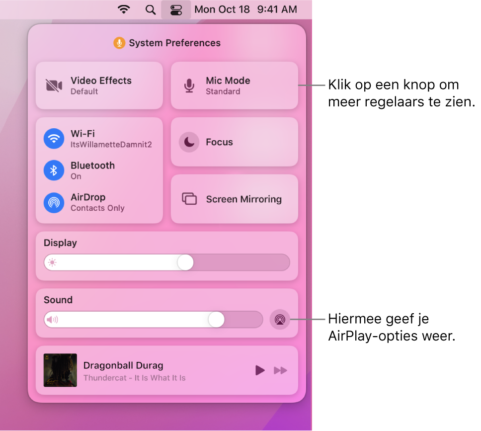 Ingezoomde weergave van het bedieningspaneel op de Mac.