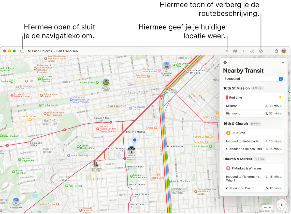 Een Kaarten-venster waarin te zien is hoe je een routebeschrijving opvraagt door op een bestemming in de navigatiekolom te klikken, hoe je de navigatiekolom opent of sluit en hoe je je huidige locatie op de kaart vindt.