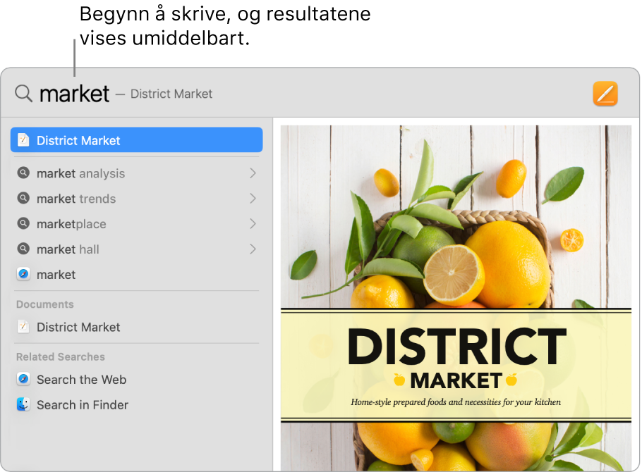 Spotlight-vinduet som viser søkeresultater til venstre.