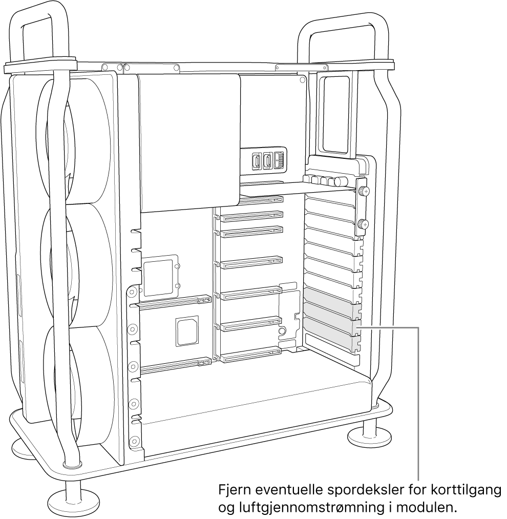 Fjern eventuelle plassdeksler som er nødvendig for tilgang til kortporten og luftgjennomstrømming gjennom modulen.