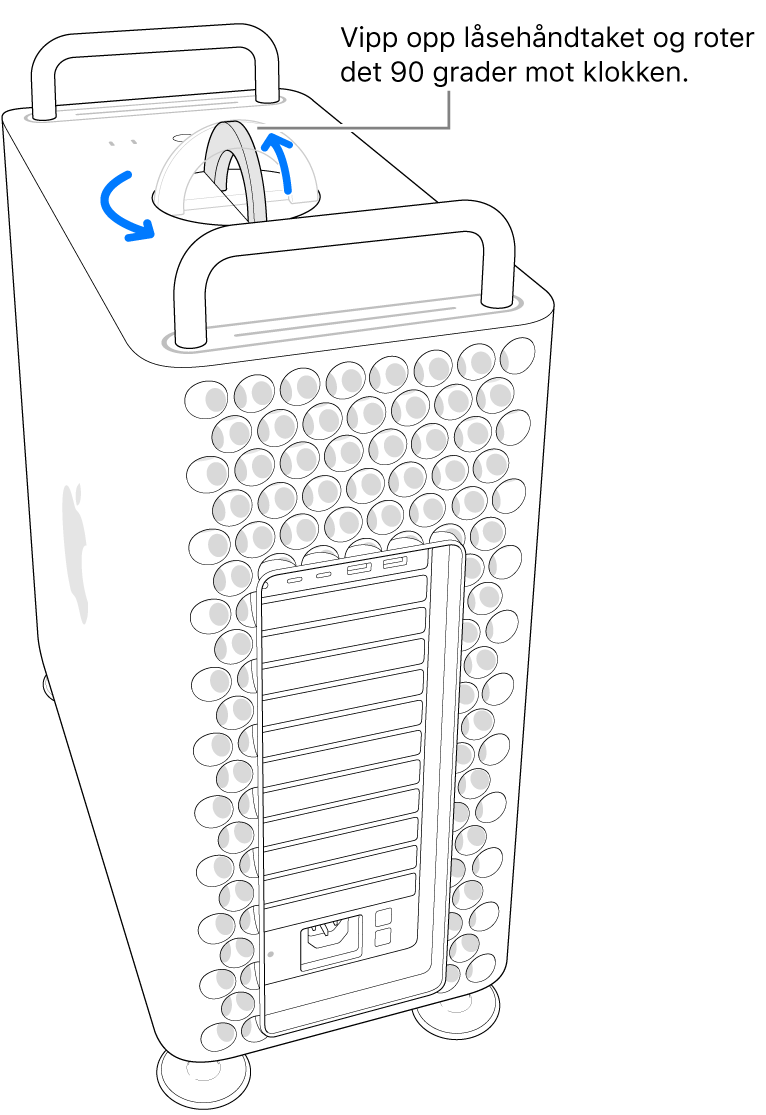 Viser det første trinnet for å fjerne datamaskinens kabinett ved å løfte låsehåndtaket og vri det 90 grader.