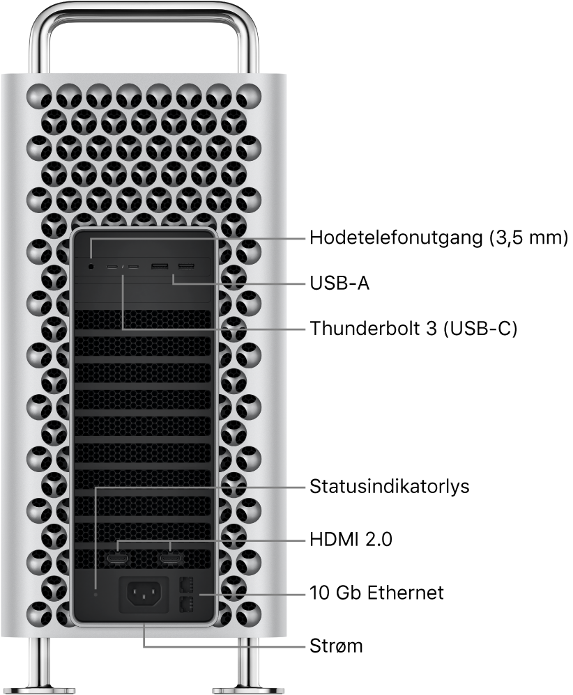 Mac Pro fra siden som viser hodetelefonutgangen (3,5 mm), to USB-A-porter, to Thunderbolt 3-porter (USB-C), et statusindikatorlys, to HDMI 2.0-porter, to 10 Gigabit Ethernet-porter og strømporten.
