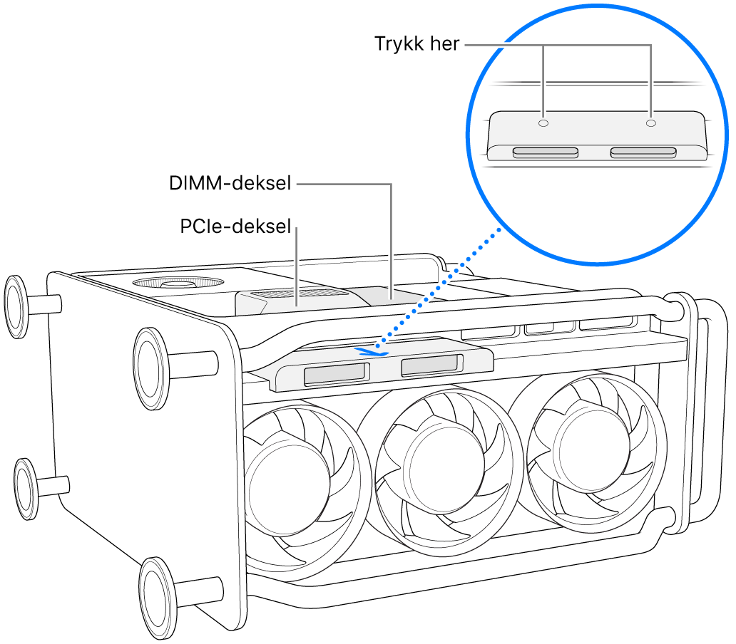 Mac Pro lagt på siden. DIMM-, PCIe- og SSD-dekslet vises.