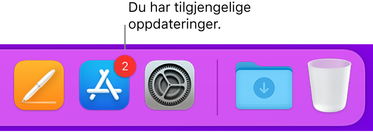 En del av Dock som viser App Store-symbolet med et merke, som viser at det finnes tilgjengelige oppdateringer.