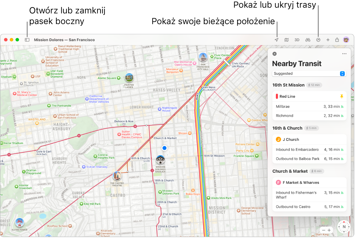 Okno aplikacji Mapy, przedstawiające sposób uzyskiwania wskazówek nawigacji przez kliknięcie w miejsce docelowe na pasku bocznym, sposób otwierania i zamykania paska bocznego oraz sposób znajdowania na mapie swojego bieżącego położenia.