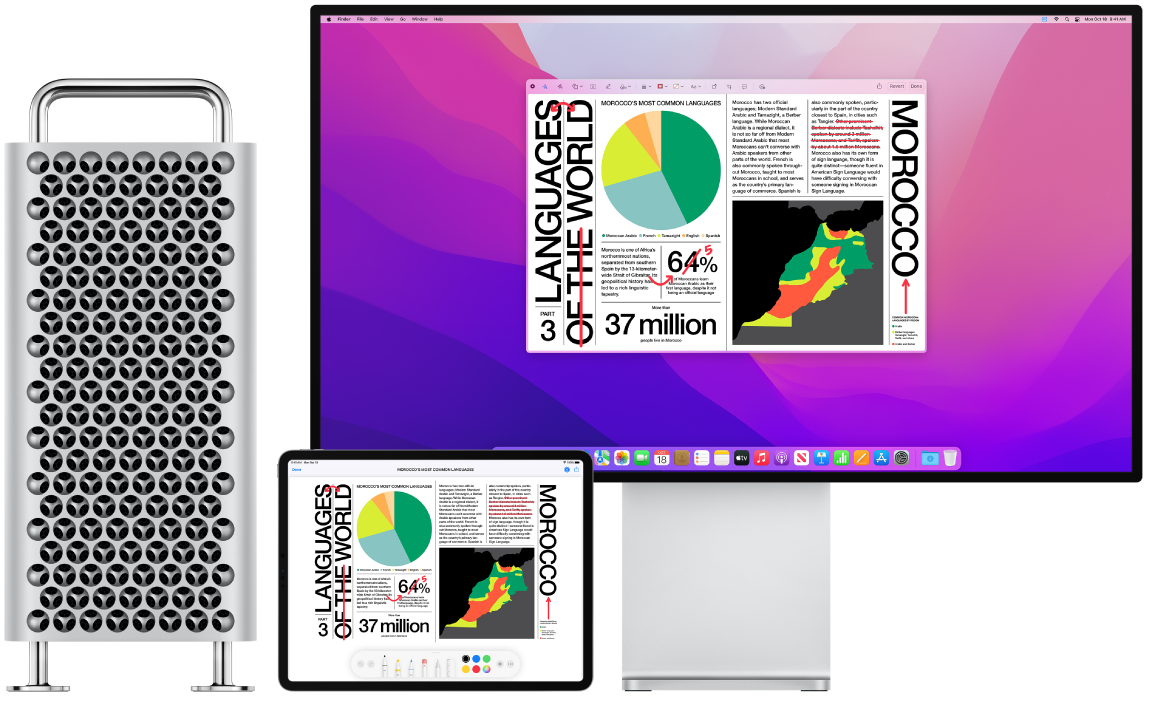 Mac Pro oraz iPad znajdujące się obok siebie. Na obu ekranach widoczny jest artykuł zawierający różne adnotacje: przekreślone zdania, strzałki i dopisane słowa. Na dole ekranu iPada wyświetlane są narzędzia oznaczania.