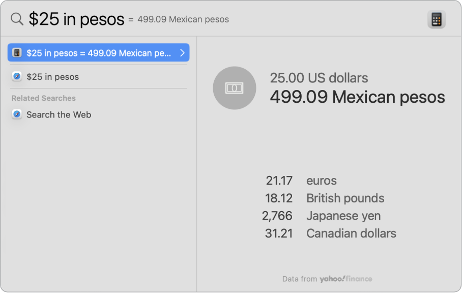Zrzut ekranu przedstawiający konwersję dolarów na pesos. Najcelniejsze trafienie to konwersja, a poniżej widocznych jest kilka wyników do wyboru.