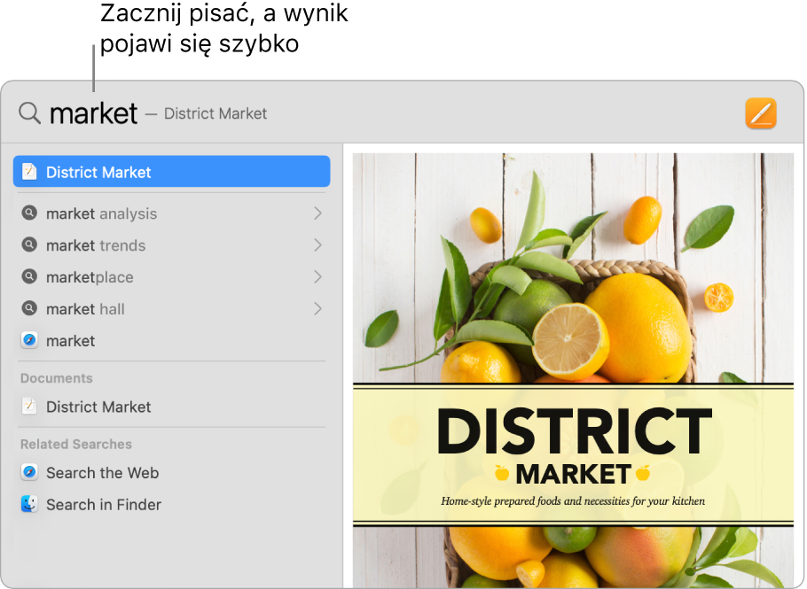 Okno Spotlight z listą wyników wyszukiwania widoczną po lewej.
