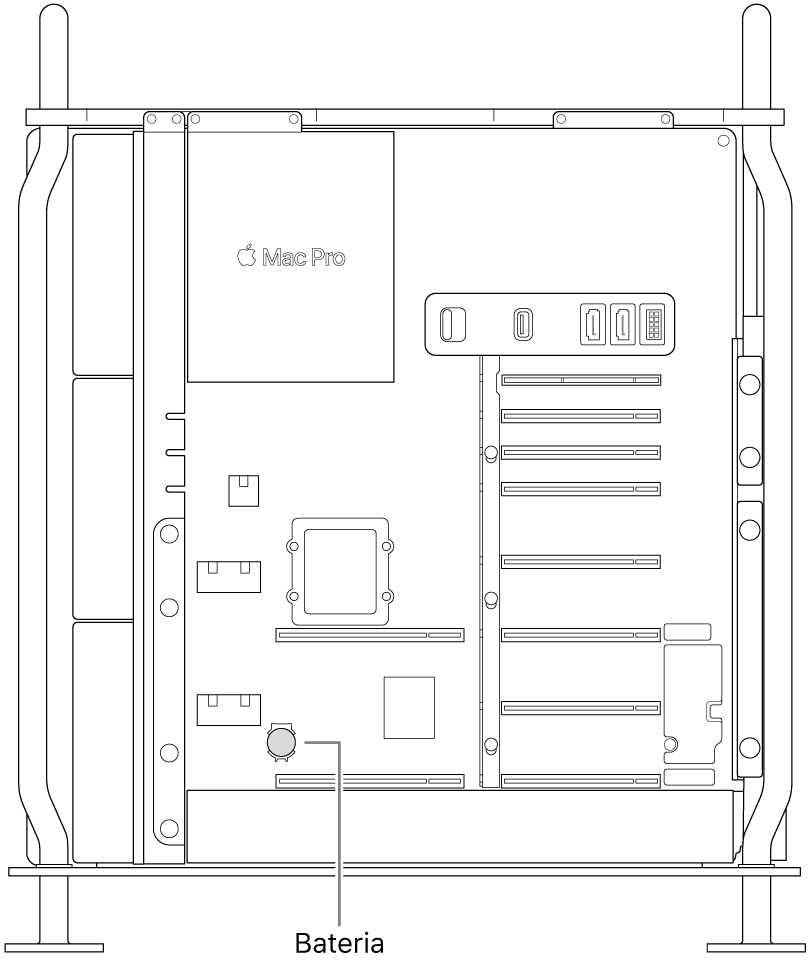 Widok otwartego Maca Pro z boku ilustrujący, gdzie znajduje się bateria.