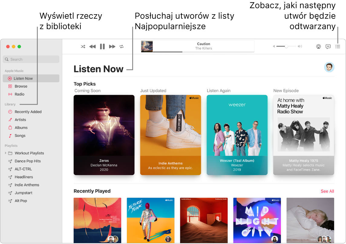 Okno aplikacji Muzyka pokazujące sposób wyświetlania biblioteki, słuchania Apple Music oraz wyświetlania utworów odtwarzanych w następnej kolejności.
