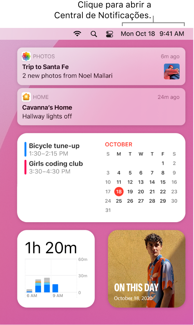 Central de Notificações com notificações e widgets do apps Fotos, Casa, Calendário e Tempo de Uso.