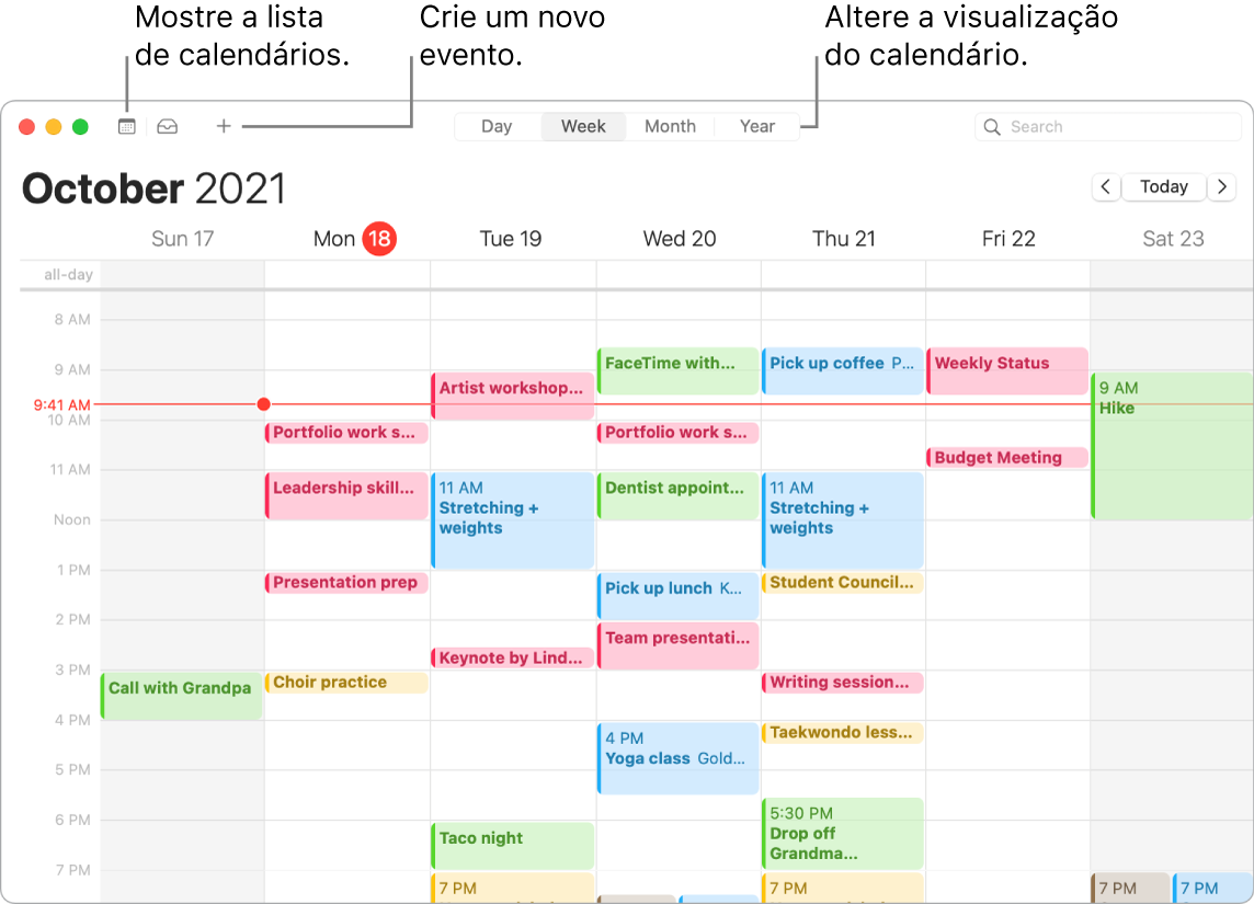 Uma janela do Calendário mostrando como criar um evento, mostrar a lista de calendários e escolher a visualização por Dia, Semana, Mês ou Ano.