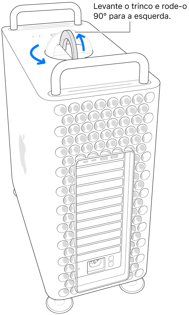 Ilustração do primeiro passo para remover a estrutura de um computador levantando o trinco e rodando-o 90 graus.