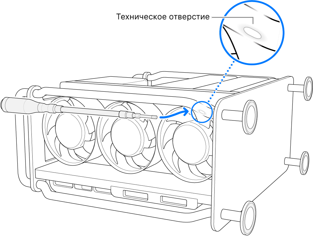 Mac Pro в горизонтальном положении. Гибкая отвертка указывает на техническое отверстие.