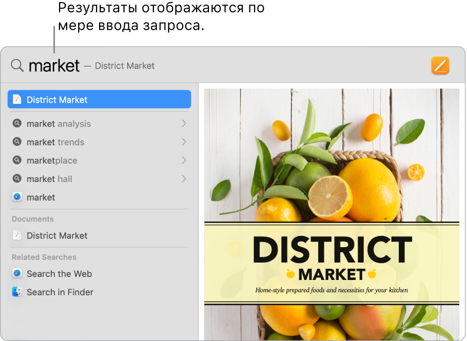 Окно Spotlight, в котором слева показаны результаты поиска.