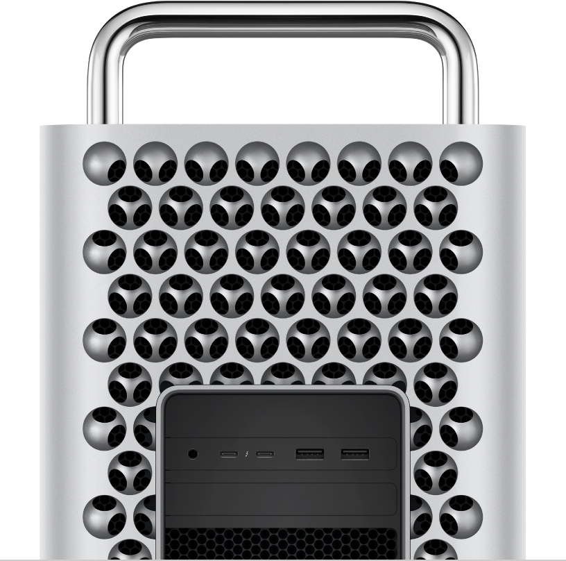 Detailný pohľad na porty a konektory Macu Pro.