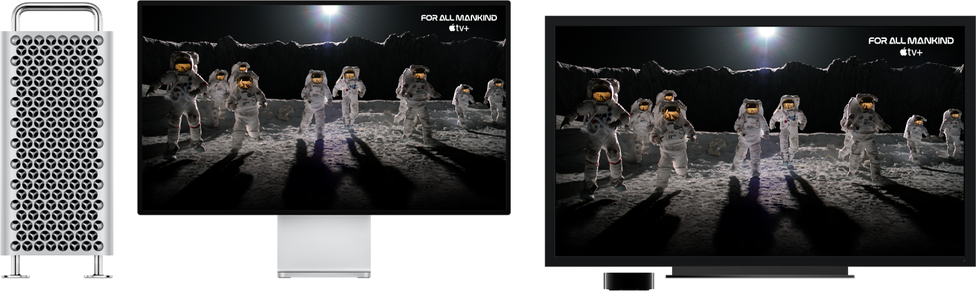 Računalnik Mac Pro s prezrcaljeno vsebino na velikem HDTV-ju prek naprave Apple TV.