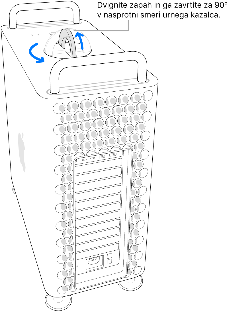 Prikaz prvega koraka za odstranitev ohišja računalnika tako, da dvignete zapah in ga zavrtite za 90 stopinj.