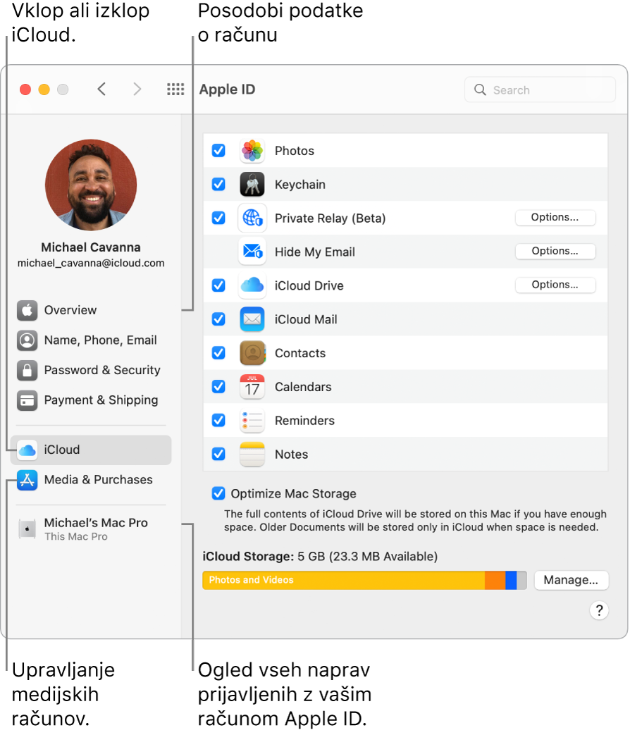 Podokno Apple ID v možnosti System Preferences. Kliknite element v stranski vrstici, da posodobite podatke o računu, vklopite ali izklopite storitev iCloud, upravljate račune za predstavnostno vsebino in si oglejte vse naprave, v katere ste prijavljeni z računom Apple ID.