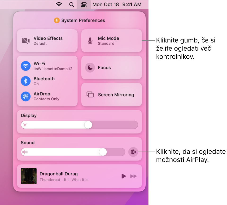 Približan pogled središča Control Center v računalniku Mac.