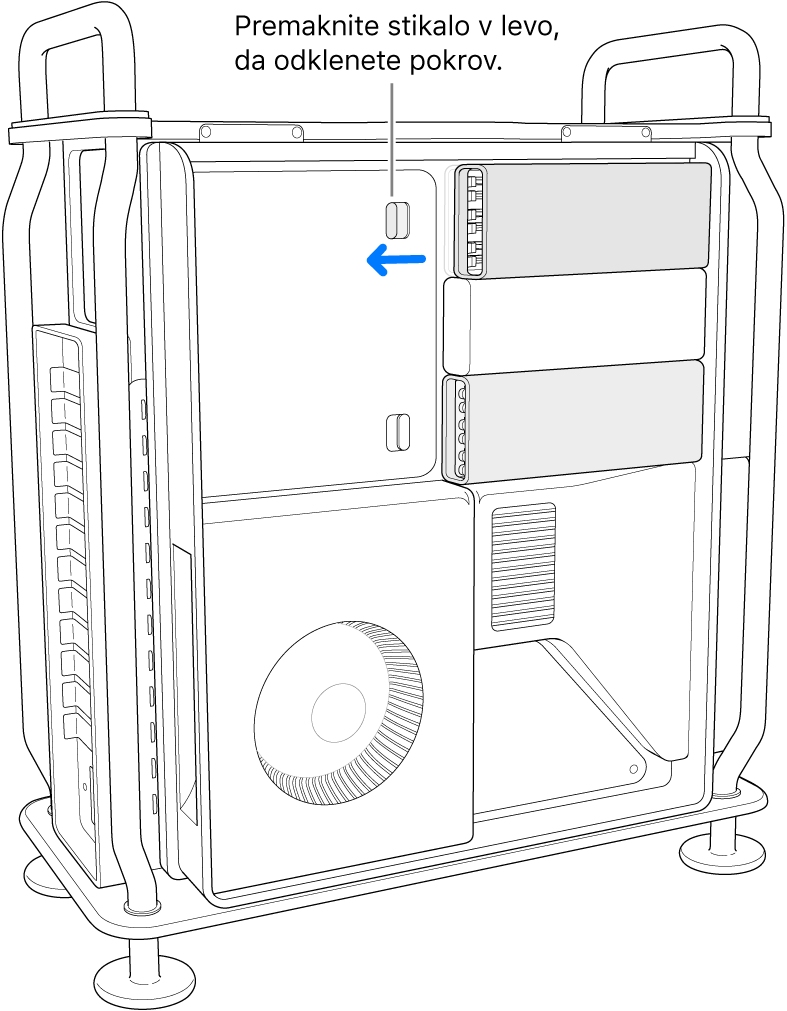Premikanje stikala v levo, da odklenete pokrov DIMM.