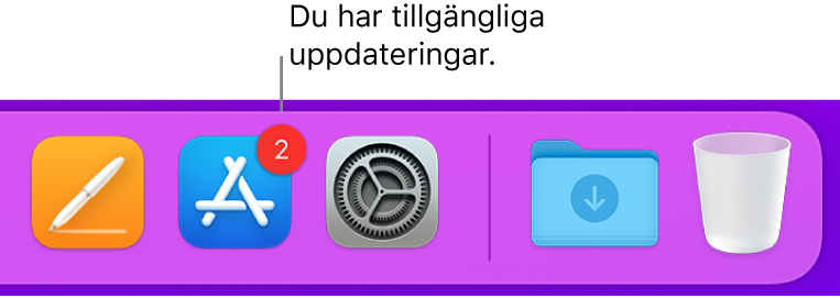 Ett område av Dock som visar symbolen för App Store med en bricka som anger att det finns tillgängliga uppdateringar.