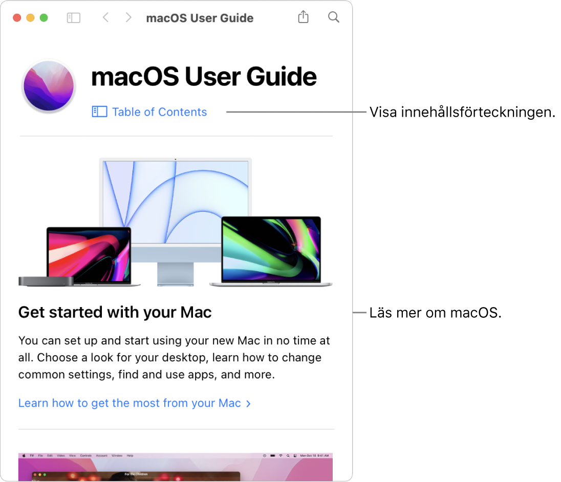 Startsidan i macOS Användarhandbok som innehåller länken till innehållsförteckningen.