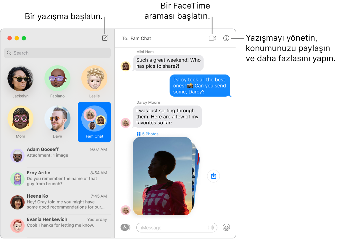 Bir yazışmanın ve FaceTime aramasının nasıl başlatılacağını gösteren bir Mesajlar penceresi.