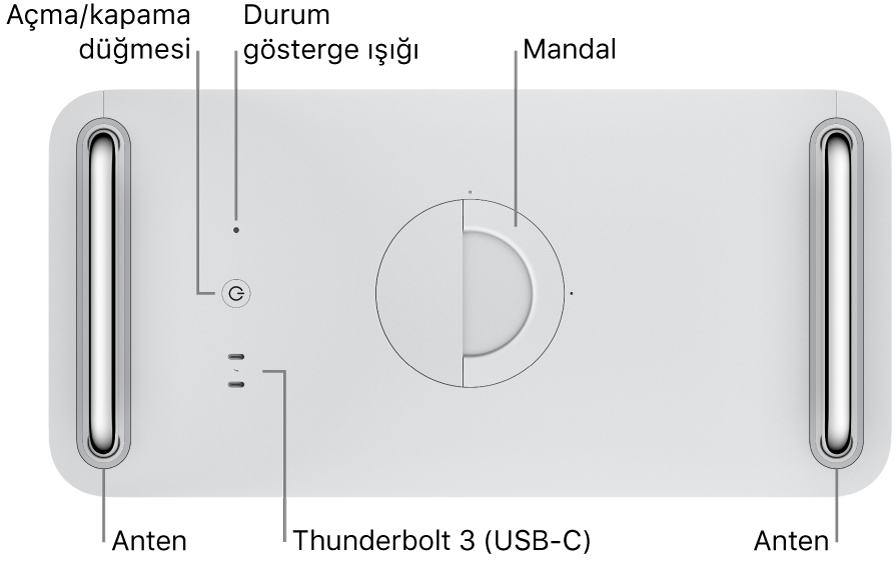 Güç düğmesini, sistem göstergesi ışığını, mandalı, anteni ve iki Thunderbolt 3 (USB-C) kapısını gösteren Mac Pro’nun üstü.