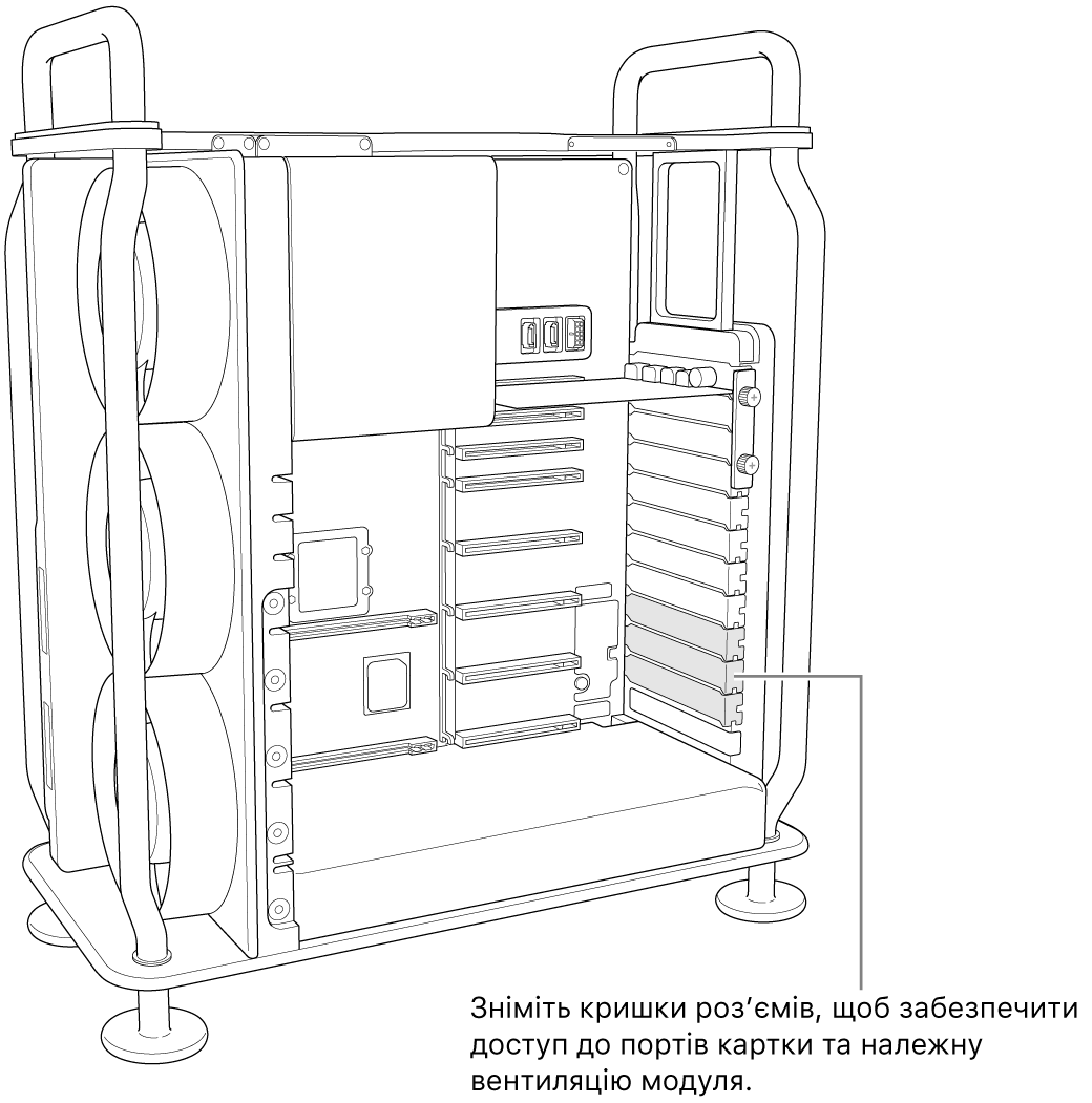 Зняття кришок роз’ємів, щоб забезпечити доступ до портів карти й належне вентилювання модуля.