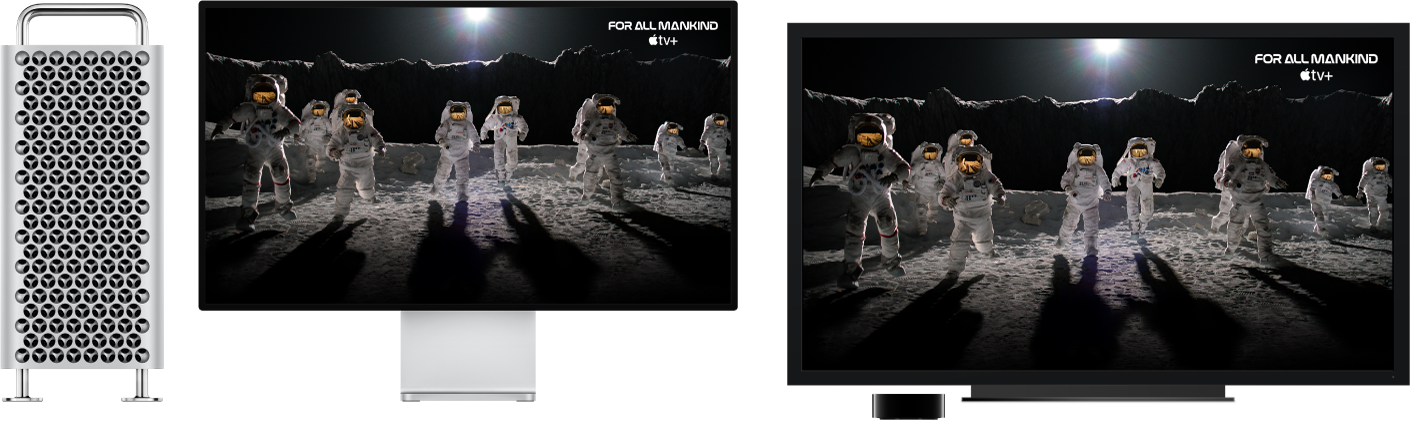 Một Mac Pro với nội dung được phản chiếu trên HDTV lớn bằng Apple TV.