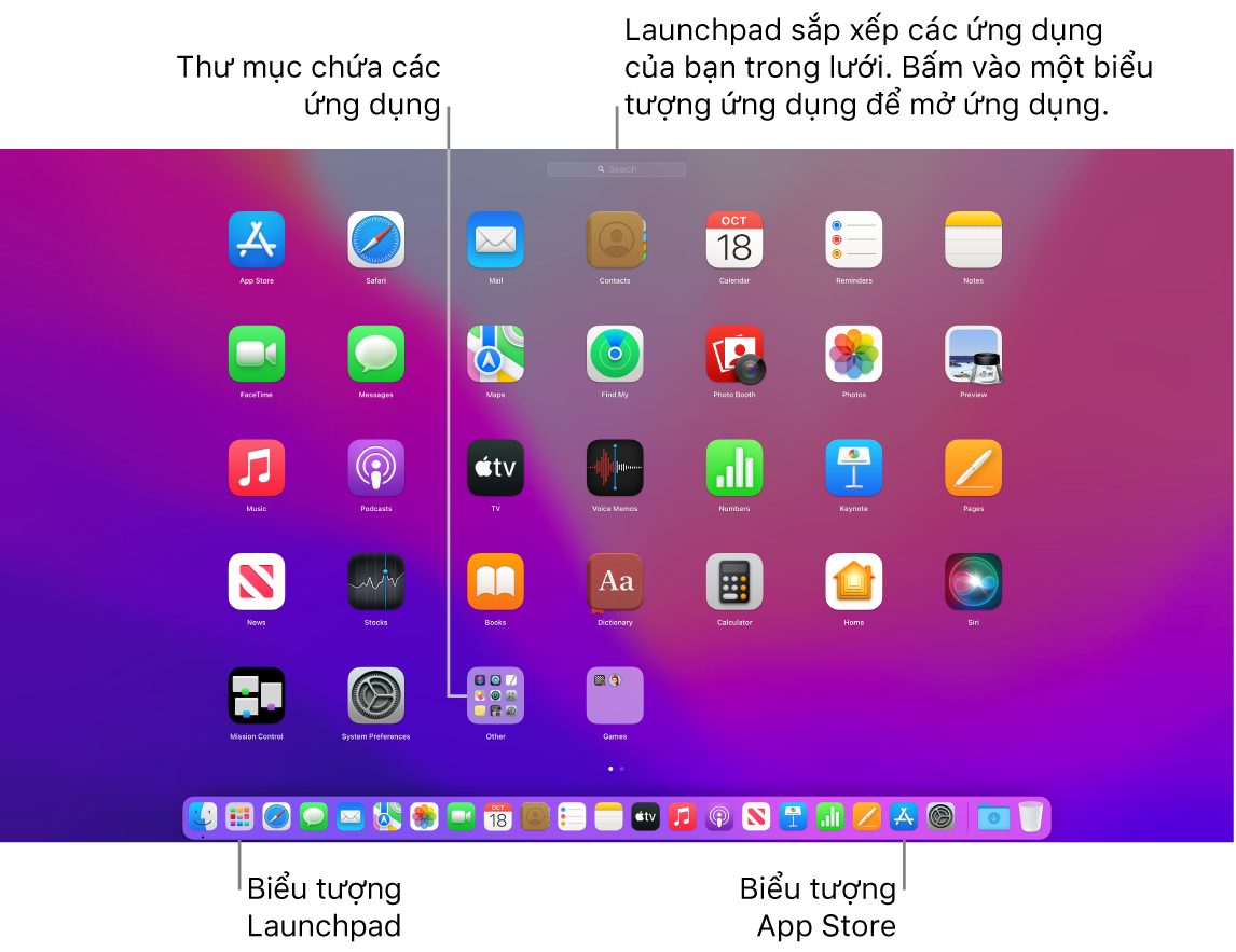 Một màn hình máy Mac với Launchpad được mở, đang hiển thị một thư mục các ứng dụng trong Launchpad, các biểu tượng Launchpad và App Store trong Dock.