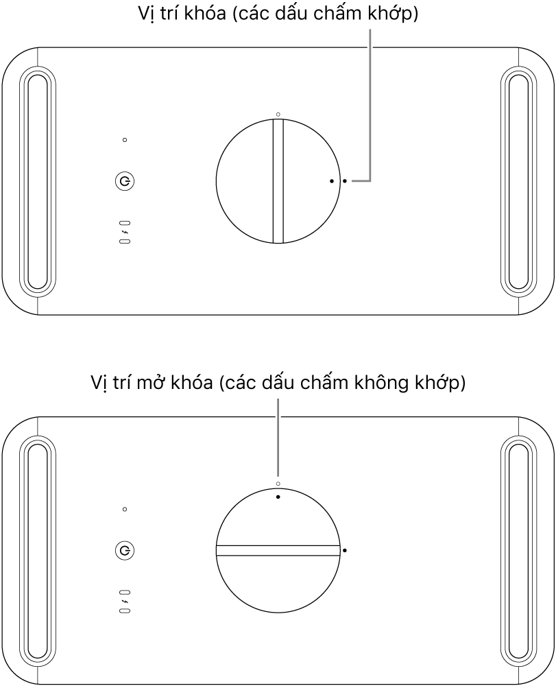 Mặt trên của vỏ máy tính đang minh họa chốt ở các vị trí khóa và mở khóa.