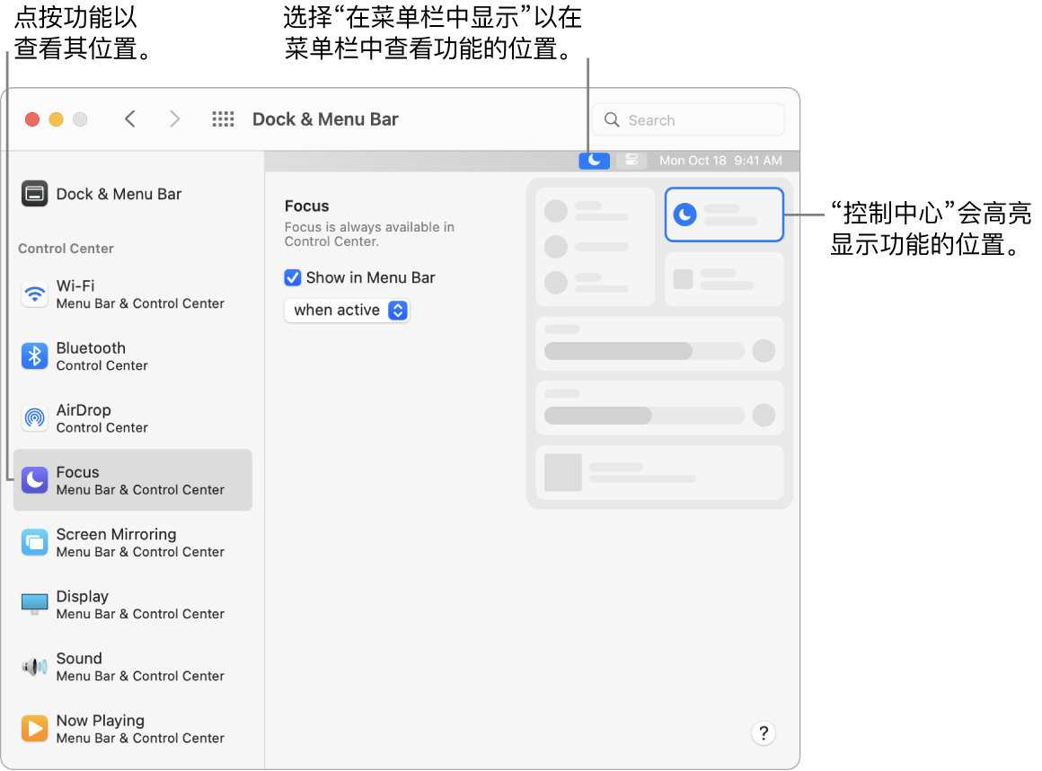 “程序坞与菜单栏”偏好设置窗口。