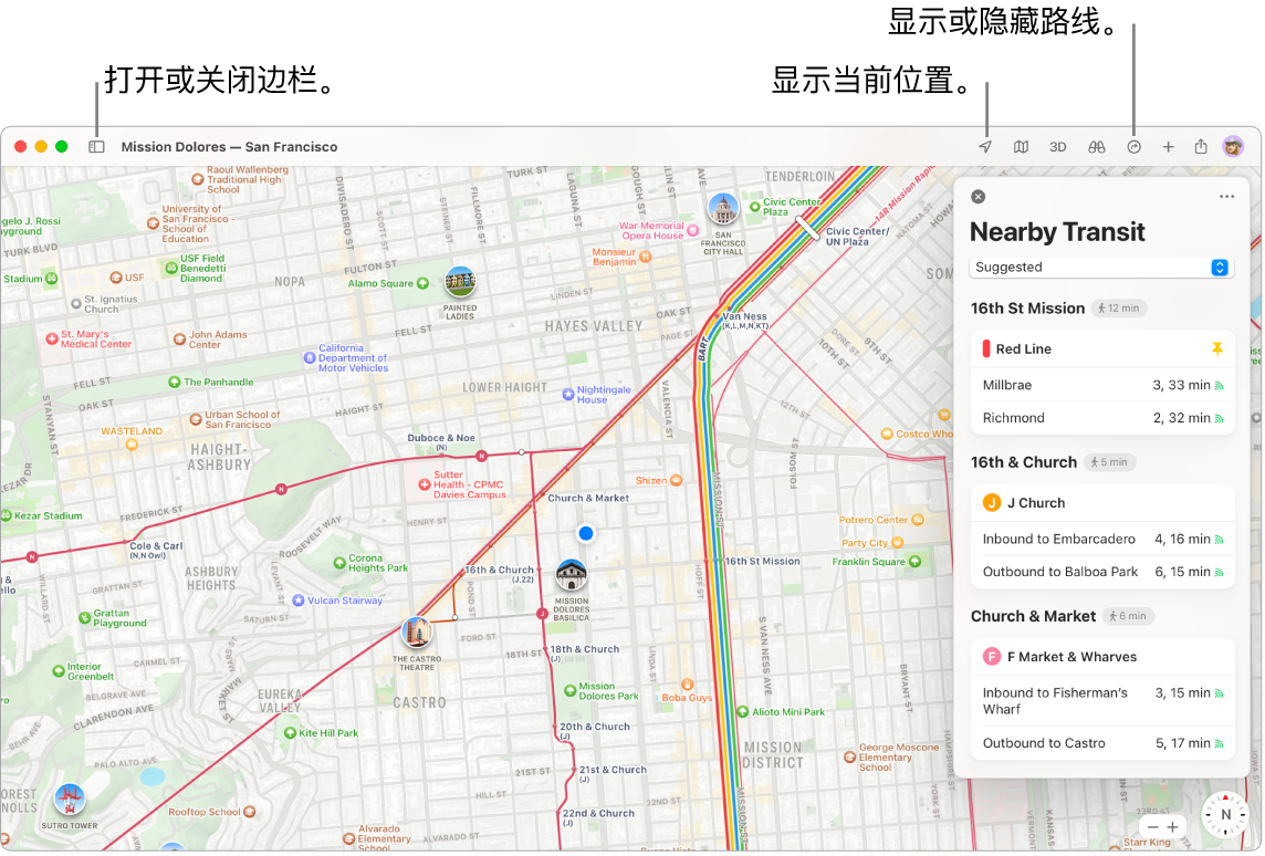 “地图”窗口，显示如何通过点按边栏中的目的地来获取路线、如何打开或关闭边栏以及如何在地图上查找您的当前位置。