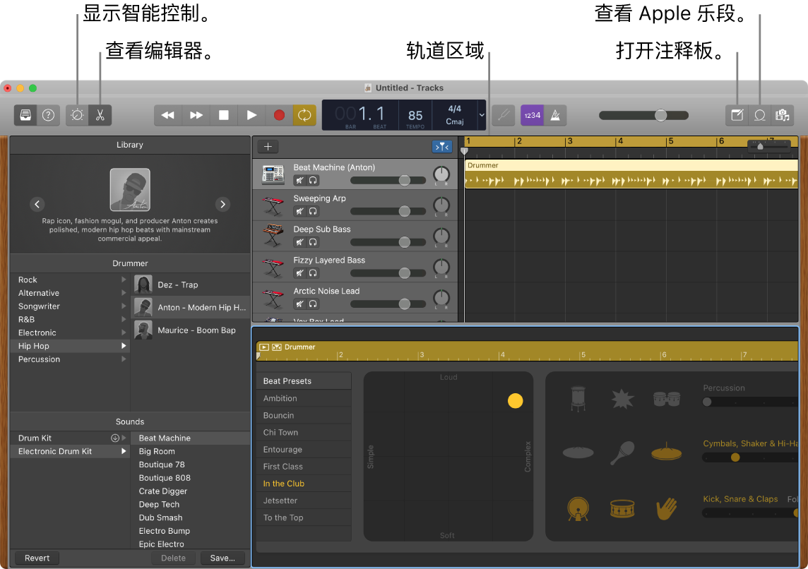 “库乐队”窗口，显示用于访问智能控制、编辑器、音符和 Apple 乐段的按钮。同时还显示轨道显示。