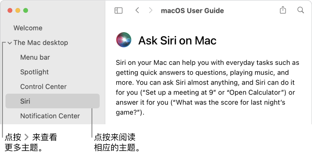 “帮助显示程序”,显示如何查看边栏中列出的主题以及如何显示主题的内容。