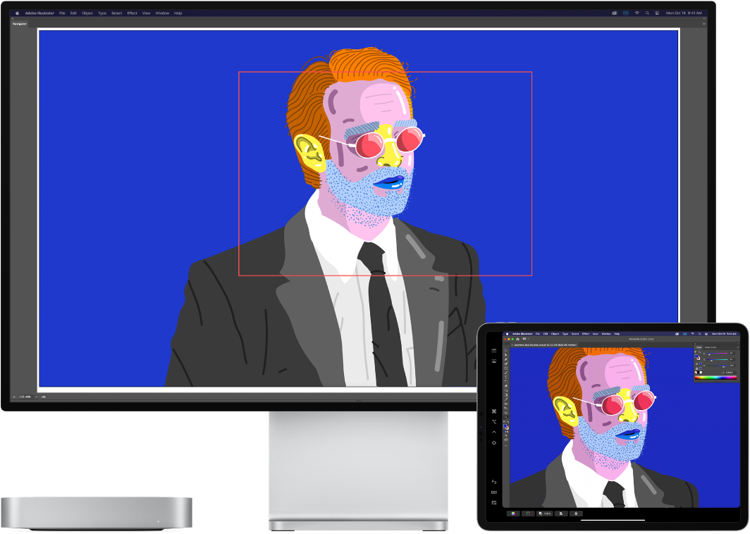 كمبيوتر Mac mini وجهاز iPad جنبًا إلى جنب. يعرض الـ Mac mini عملاً فنيًا داخل نافذة المتصفح في Illustrator. يعرض الـ iPad نفس العمل الفني في نافذة مستند في Illustrator، محاطًا بأشرطة أدوات.