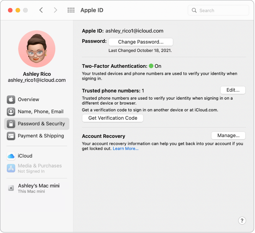 Секцията Password and Security (Парола и сигурност) на идентификатора Apple ID в System Preferences (Системни параметри). Щракнете manage (Управление), за да настроите Account Recovery (Възстановяване на регистрация).