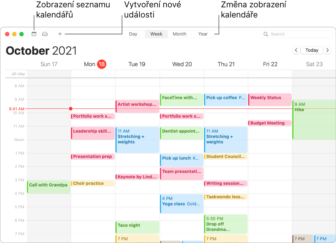 Okno aplikace Kalendář s popisky ukazujícími, kde můžete přidat událost, zobrazit seznam kalendářů nebo vybrat zobrazení Den, Týden, Měsíc či Rok