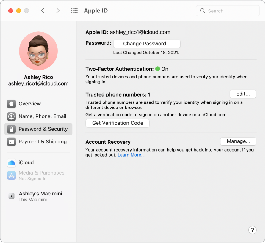 Sekce Heslo a zabezpečení pro Apple ID v Předvolbách systému Klikněte na volbu Správa a nastavte obnovení účtu
